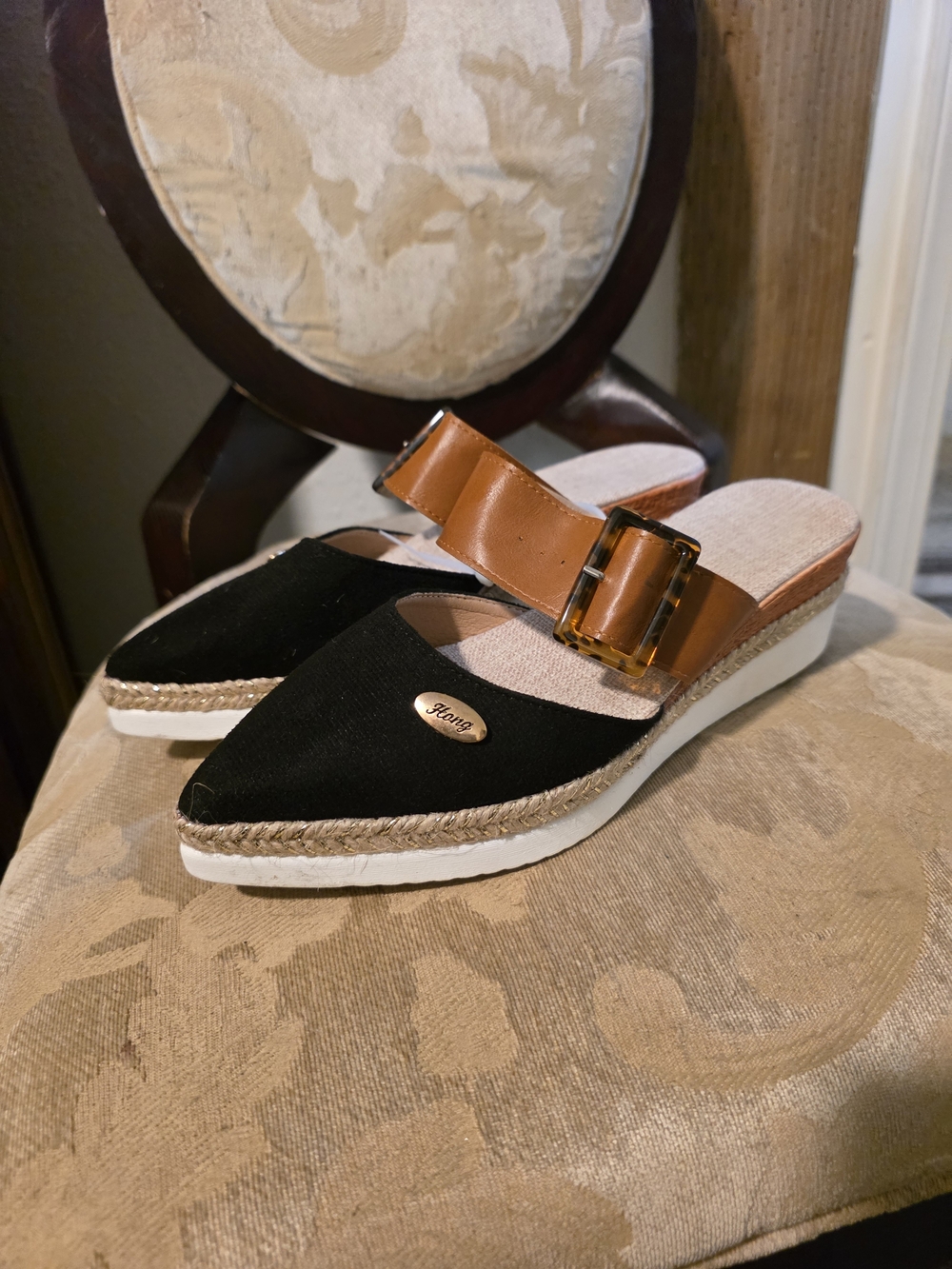 Women's Black Espadrille Mule Slides with Tan Buckle Strap